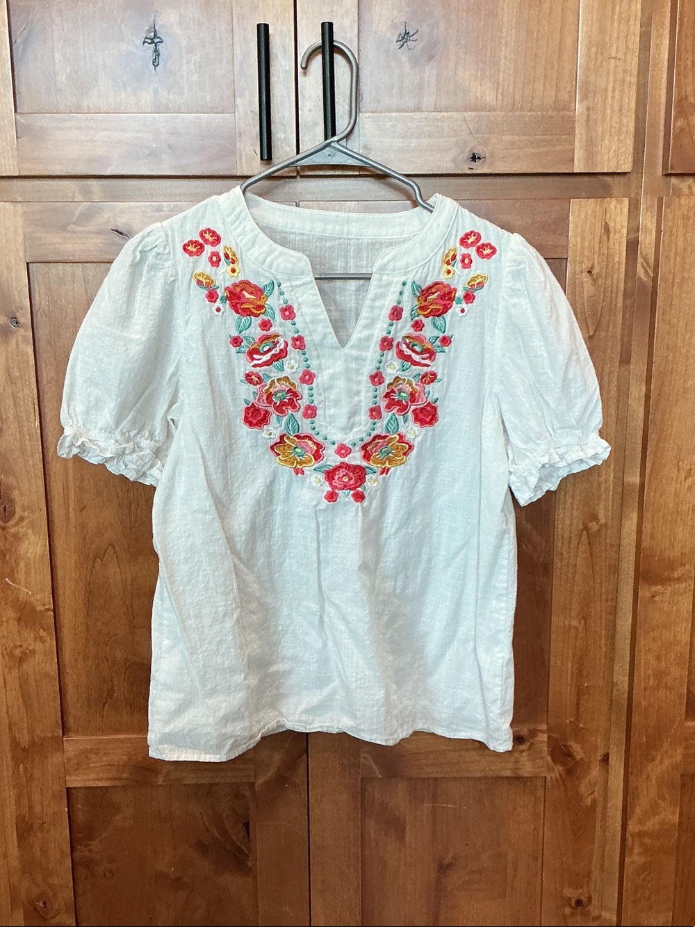 Embroidered Floral White Peasant Top - Women